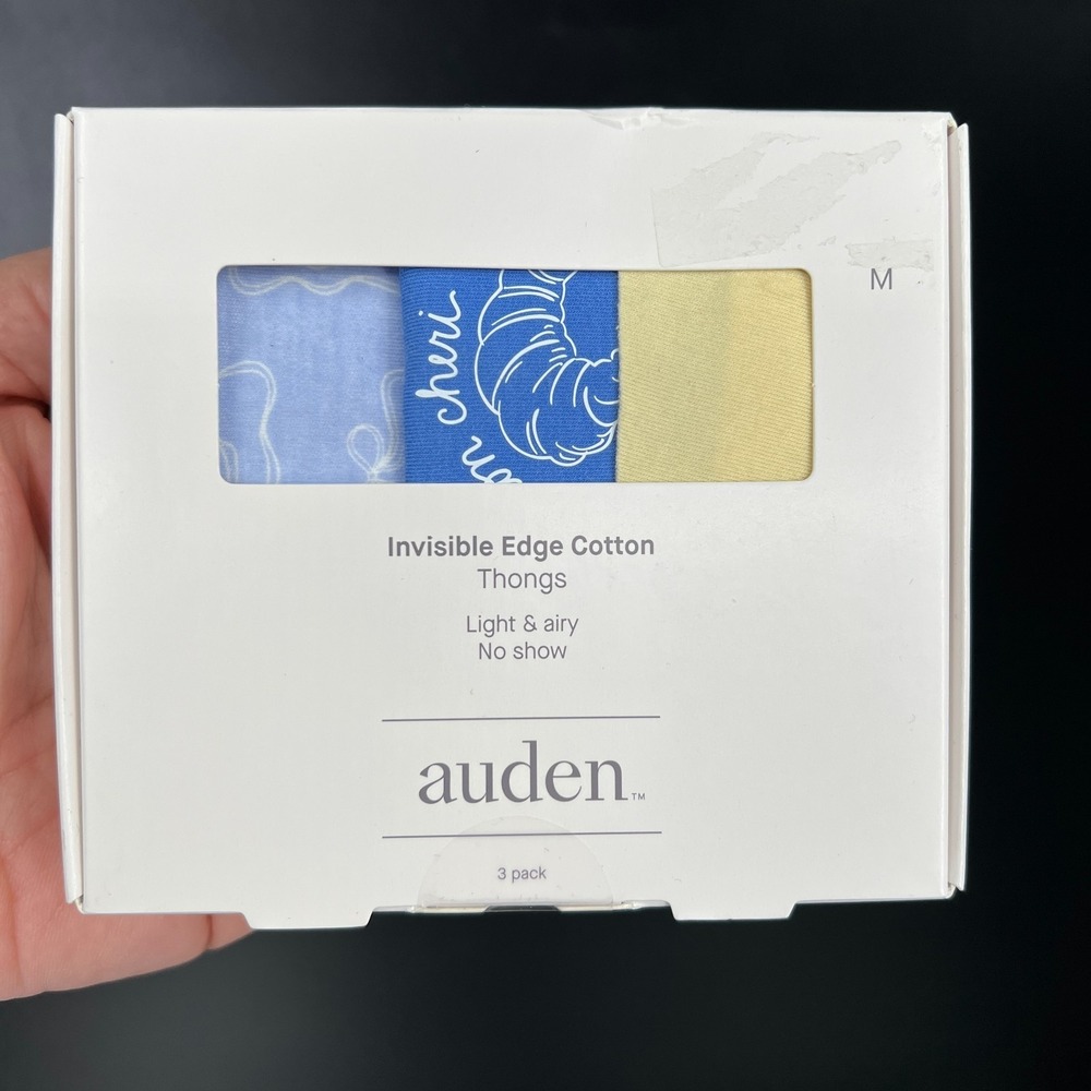 NEW auden 3pk invisible edge cotton thongs French croissant print yellow blue M